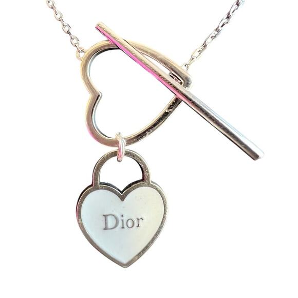 Christian Dior Silver White Double Heart Toggle Necklace (CDXX035) - Picture 2 of 3